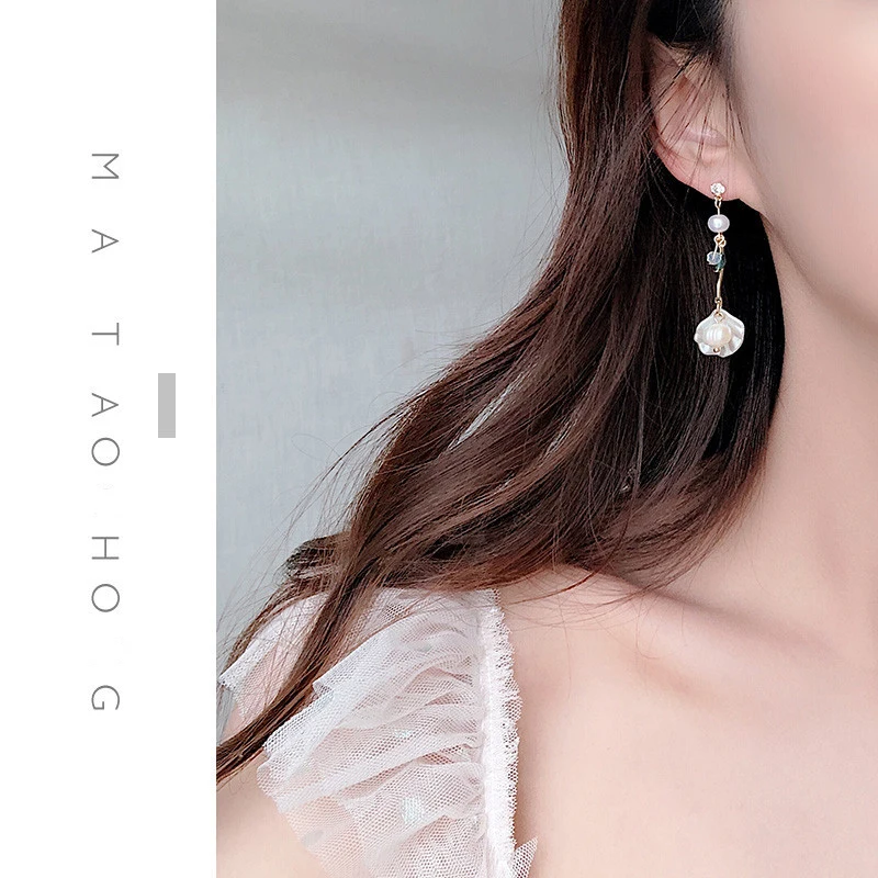 Милый акриловый бисер жемчужные серьги мода Асимметричная ракушка Морская