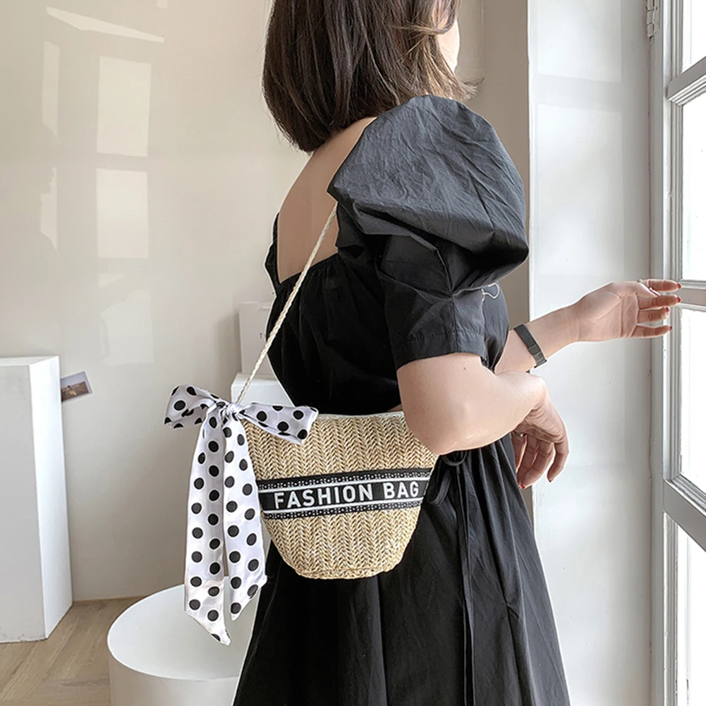 

Women Bowknot Silk Scarf Woven Shoulder Pouch Leisure Crossbody Messenger Bag Summer Beach Vacation Letters Patchwork Handbag