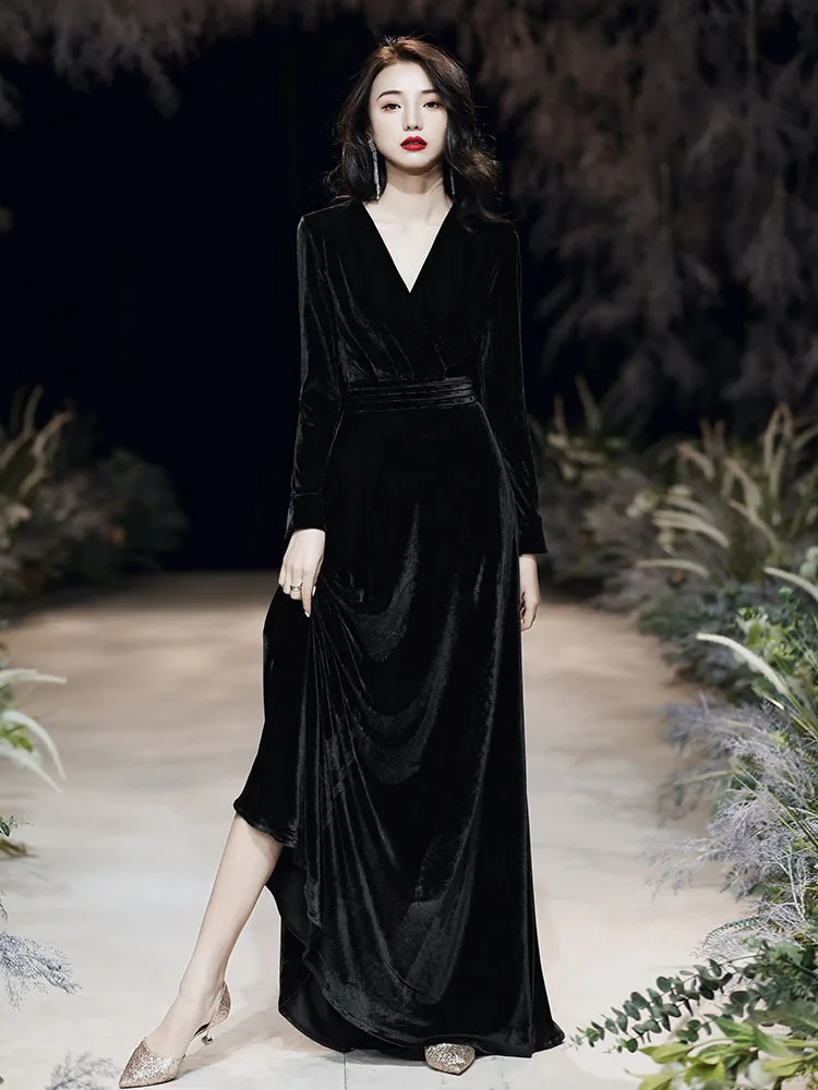 

Velvet women's 2020 new high-end black annual meeting dress Solid Vintage A-Line women clothing harajuku dress