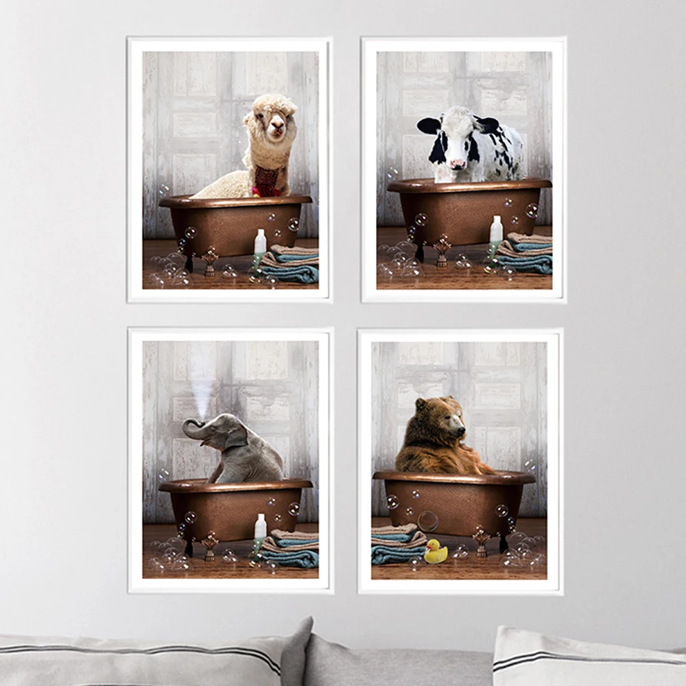 

Animal in Bathtub Poster Bear Cow Elephant Liama Canvas Painting Nursery Wall Art Print Nordic Picture For Baby Room Decor