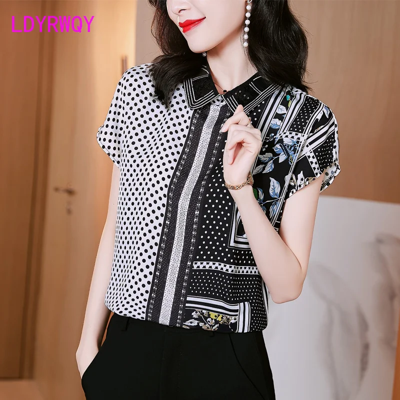 

LDYRWQY 2021 new summer Japanese and Korean version stitching lapel loose print short-sleeved fashion retro casual shirt