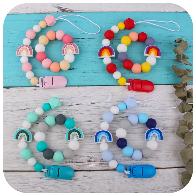Coskiss-Juego de 2 unids/set de globos de arco&iacute;ris, productos de silicona de grado alimenticio, mordedores, pulsera y dentici&oacute;n, chupete bonito, cadena de Clips-2