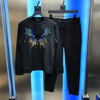 new male oversized hoodie cotton fabric hot diamond craft shiny butterfly harajuku winter mens sets sweatshirt and pants