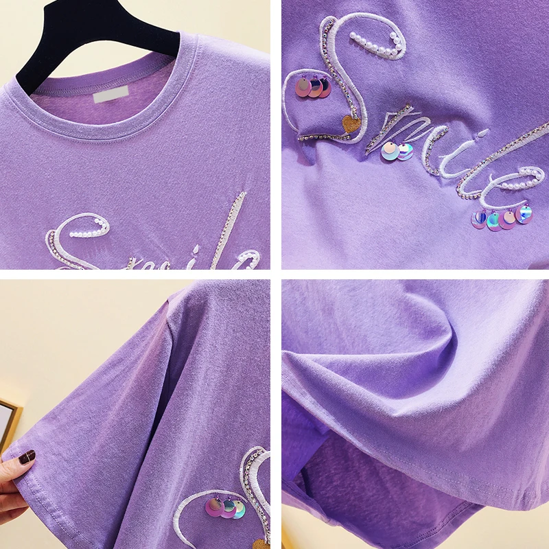 

Summer new han edition letter sequins short sleeve T-shirt female loose white base half sleeve shirt jacket