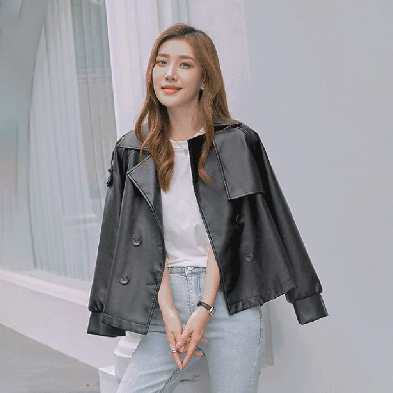 Autumn Girls Moto Biker Leather Jacket Women Black PU Spring Coat Double Breasted Korean Style Loose Casual Outwear Streetwear enlarge