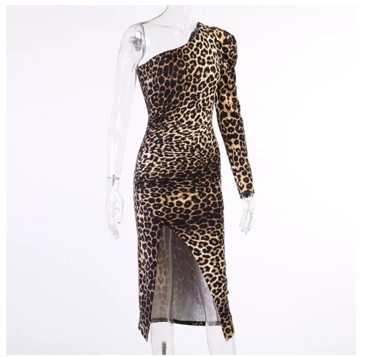 

NewWomen Leopard Print Sexy Dress Slash Neck Puff Sleeve Side Split Knee-Length Dress 2021 Fall Slim Fashion Streetwear
