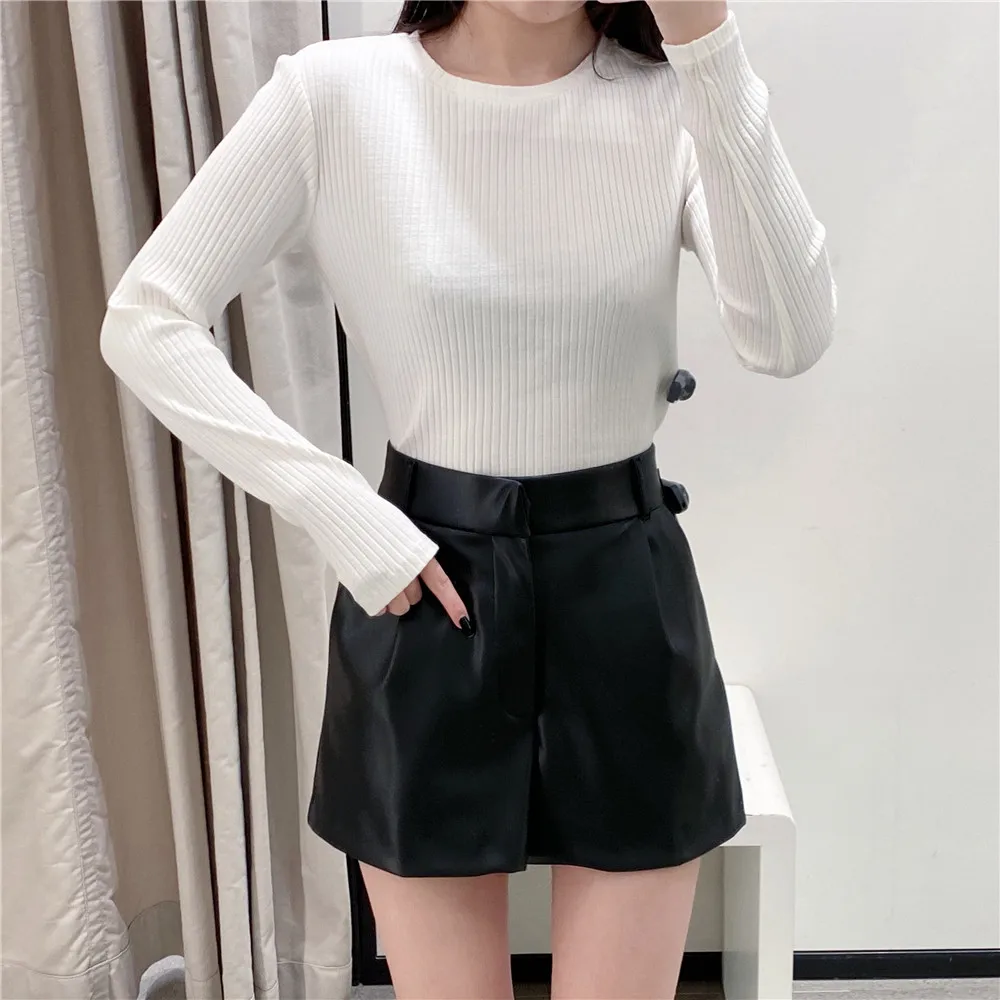

Fashion Women's Shorts Vintage PU Leather Shorts High Waist Undefined Drapped Trousers Female Office Wear Shorts
