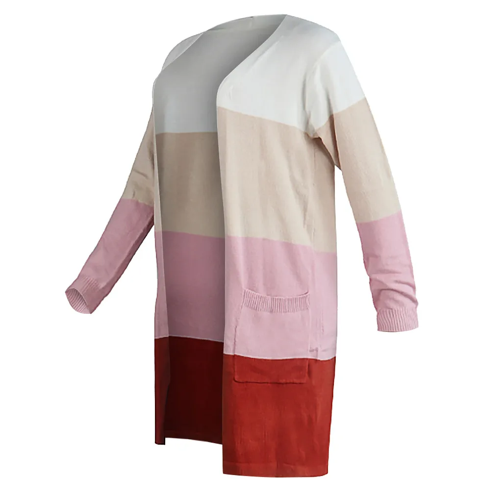 JAYCOSIN Autumn Sweater Women Long Sleeve Patchwork Knitted Open Front Color Block Cardigan Pocket Coat sueter mujer 906W |