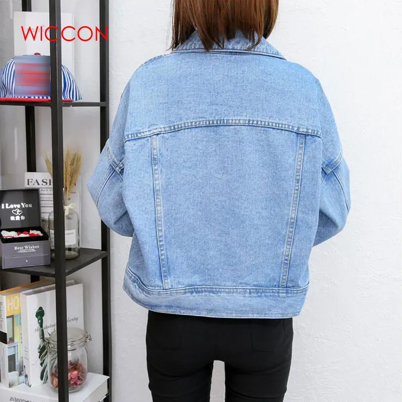 

Retro Button Front Denim Jacket Women Casual 2020 Autumn Turn-down Collar Clothing Spring Plain Coat