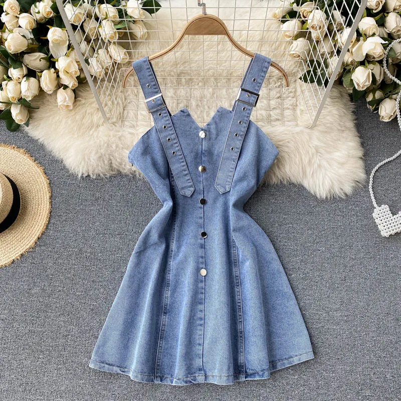 

Popular Street Chic Lantern Sleeve White Shirt Dress with Spaghetti Strap Denim Dress Twinset Young Look Dress TN1765