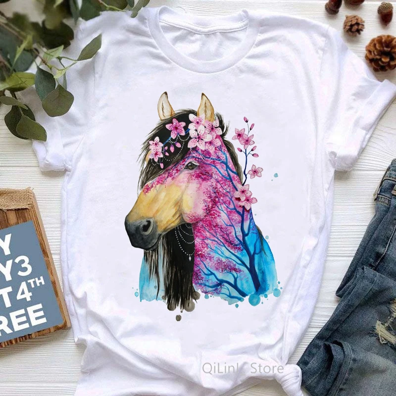

Watercolor Floral Horse Animal Print Women'S Vintage T Shirt Summer 2021 Lady Clothes White Short Sleeve Top Camisetas Mujer Tee