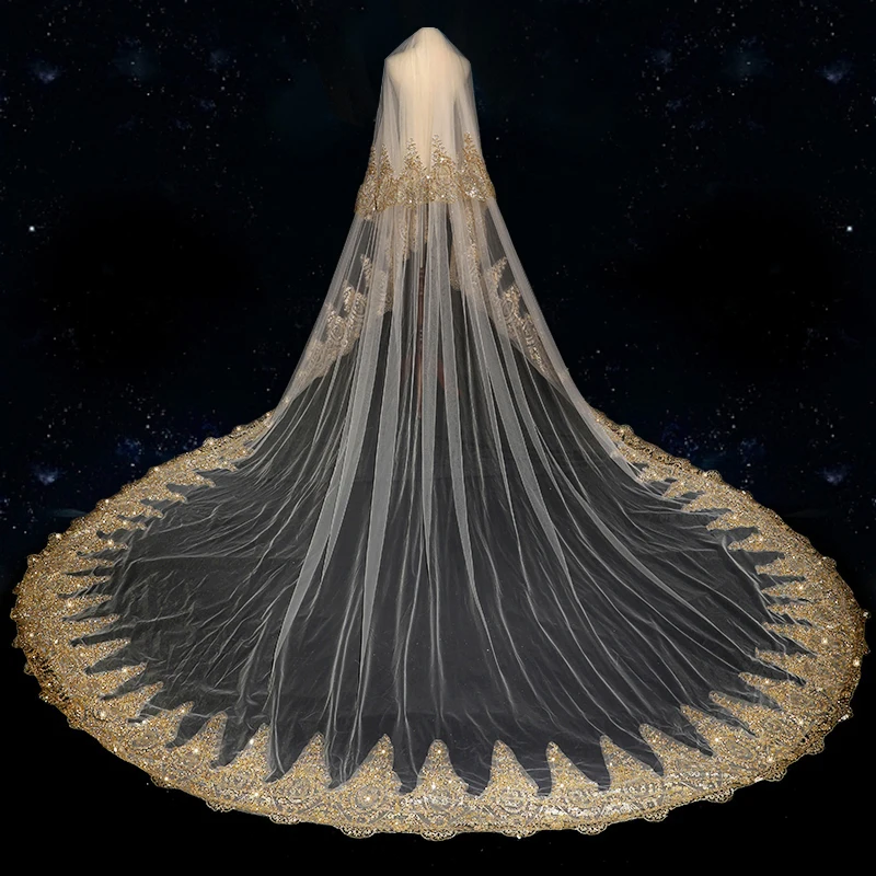 

New Spray Gold Sequins Lace Champagne Large Trailing Veil Double Layer With Hair Comb Bride Wedding Veil
