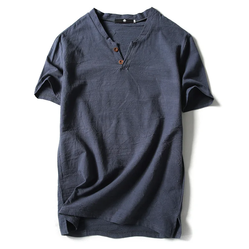 

2021 Summer Men's T Shirt Fashion Chinese Style Linen 2 Button Thin Loose Short Sleeve Male Casual Solid Color T-Shirt