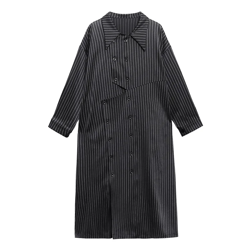 

Newest 2021 Women's Spring Striped Jacket Big Size Asymmetric Double Breasted Loose-fit Trench Coat Clothes For Women E004