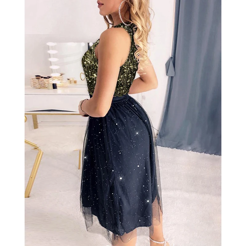 

Women A Line Dress Mesh Layered Sleeveless Sequins Party Dress