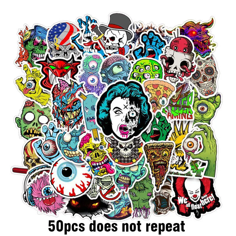 

50pcs/pack Terror Series Skull Graffiti Car Sticker Travel Case Laptop Skateboard Guitar Not Repeat Waterproof Decal Sticker Kid