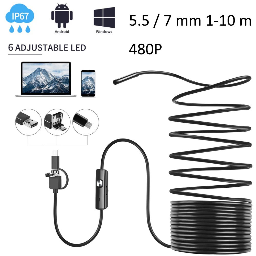 AN100 3 в 1 8mm720P 6 светодиодный эндоскоп Tpye-c Android PC USB Водонепроницаемый эндоскоп Инспекционная камера мягкий жесткий проводной бороскоп
