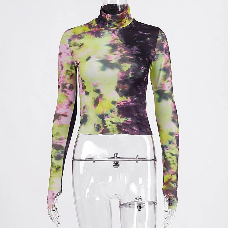 Hugcitar галстук-краситель печати высокой шеи с длинным рукавом кроп Топы осень зима женская уличная одежда футболки