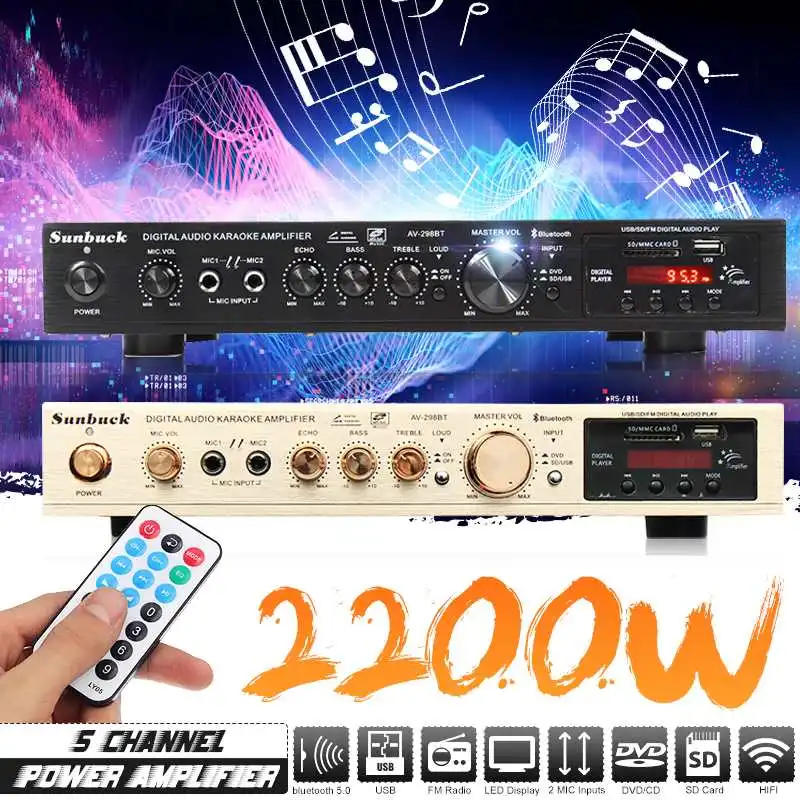 Entrada para Cartão Amplificador de Potência de 5 Canais Bluetooth Estéreo Alta Fidelidade Suporte Amplificador Rádio fm 2 Microfones Usb sd 2200w