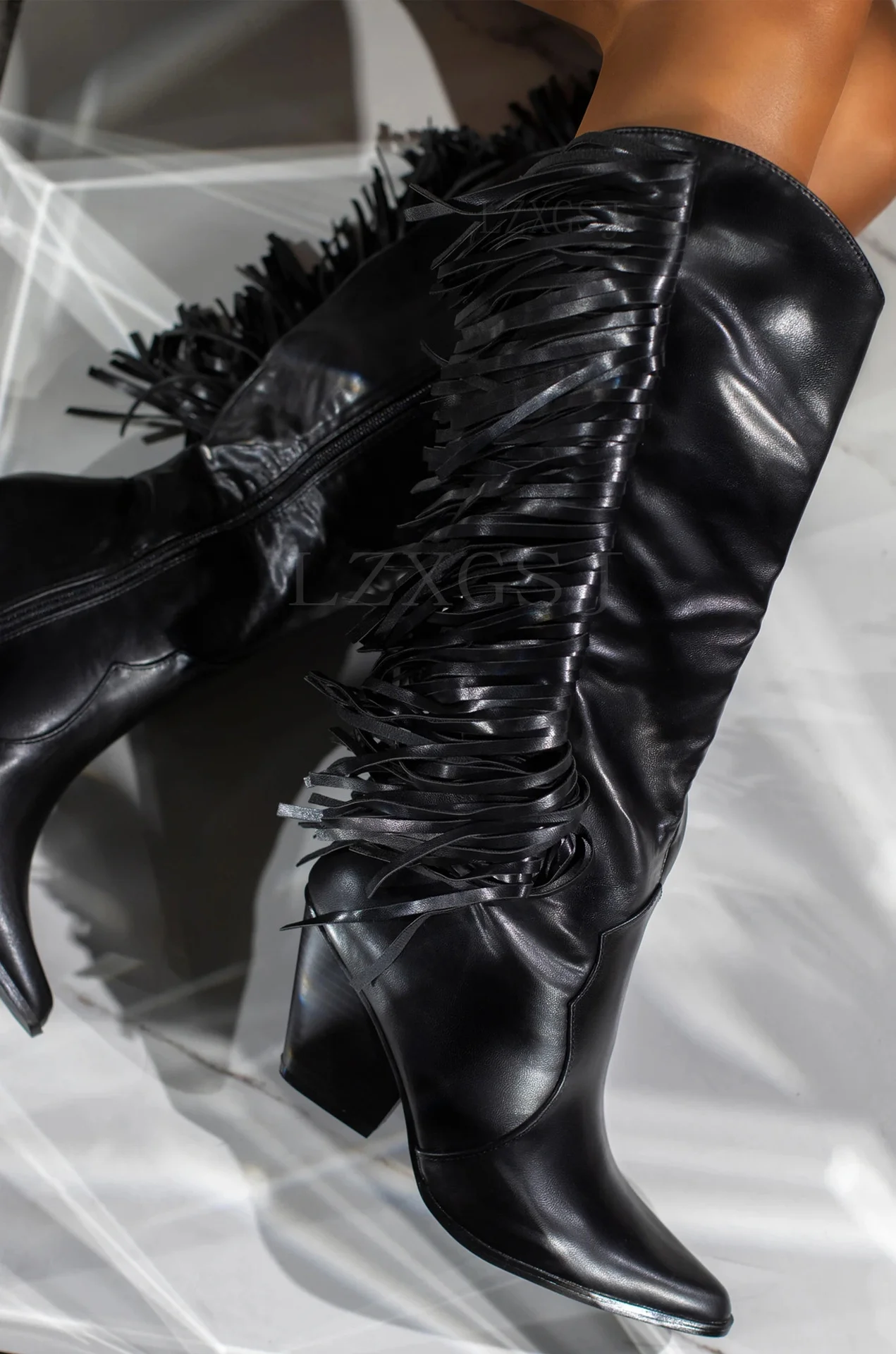 

Fringe Boots 2021 mid Heel Tassel Moccasin Mid-Calf Women Boots Plus Size 35~43 Fashion female boots