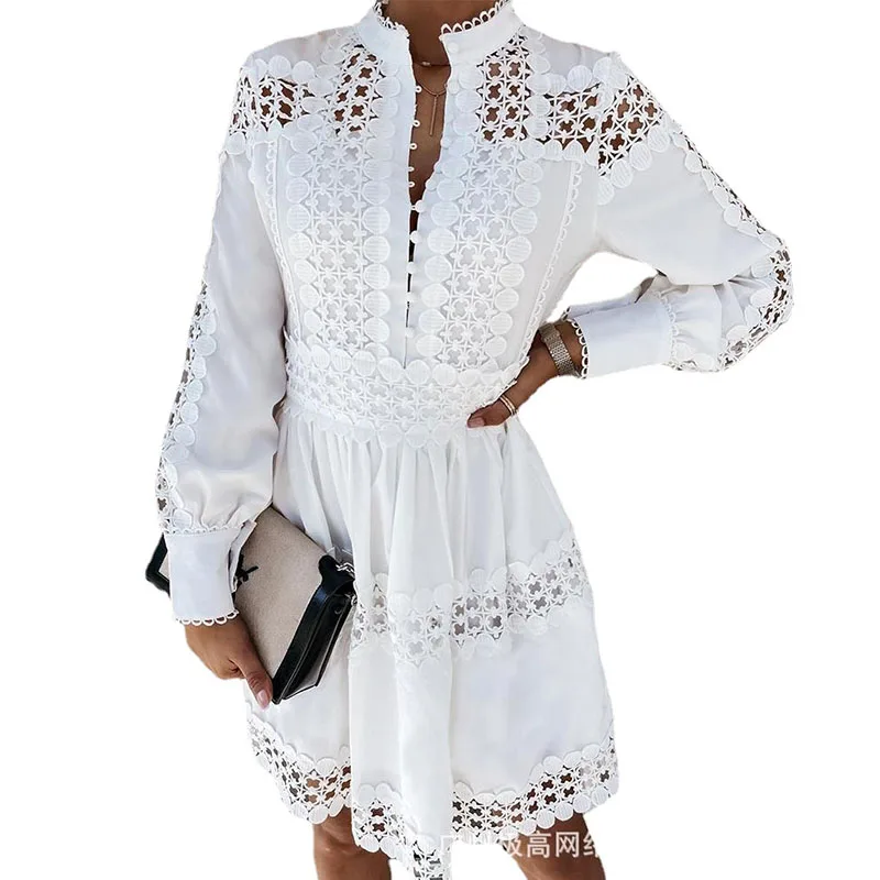 

Women Dress Autumn Solid Color Hook Flower Hollow Pattern Stitching Long-sleeved Shirt Dress Women Vestido Feminino Donsignet