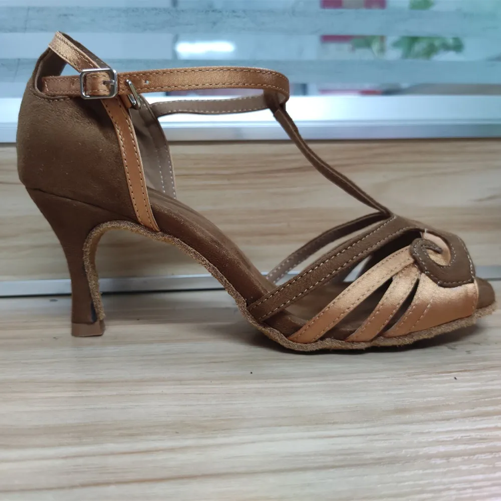 

Zapatos De Baile Open Toe Salsa Latin Dance Shoes Professional Brown Satin With Mesh Size US 4-12 Heel Height 8cm For Women