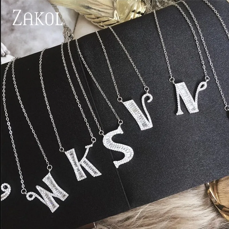 ZAKOL New Fashion AAA Cubic Zirconia Alphabet 26 Letters Pendant Necklaces for Lady Women Jewelry Christmas Gifts FSNP2053 | Украшения и