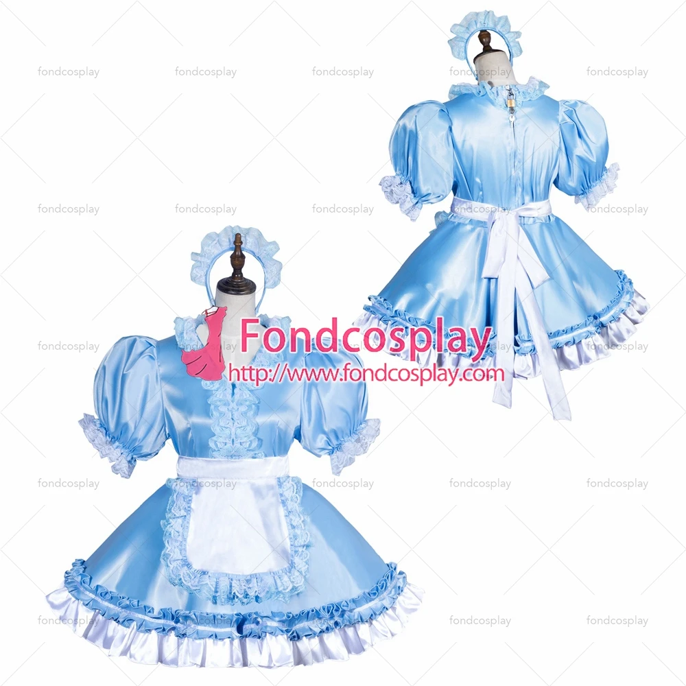 

Сексуальная одежда для взрослых fondcosplay с перекрестными бретелями, Короткое атласное платье для младенцев, голубого цвета, Запираемая унифо...
