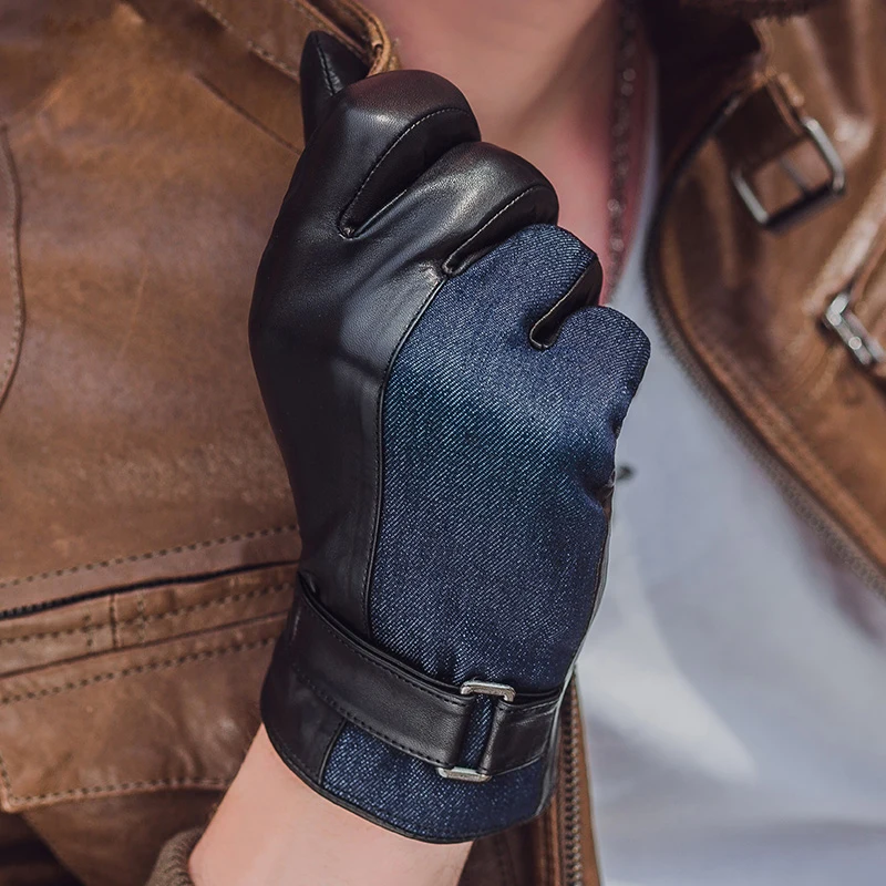

Real Leather Gloves Male Winter Fashion Warm Sheepskin Blue Black Denim Double Stitching British Style NM774