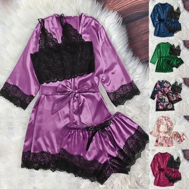 

Weirdo Womens Long sleeve Pajamas Sexy Lace Lingerie Nightwear Underwear Sleepwear 3PC Suit Pajama Sets For Women Pijama