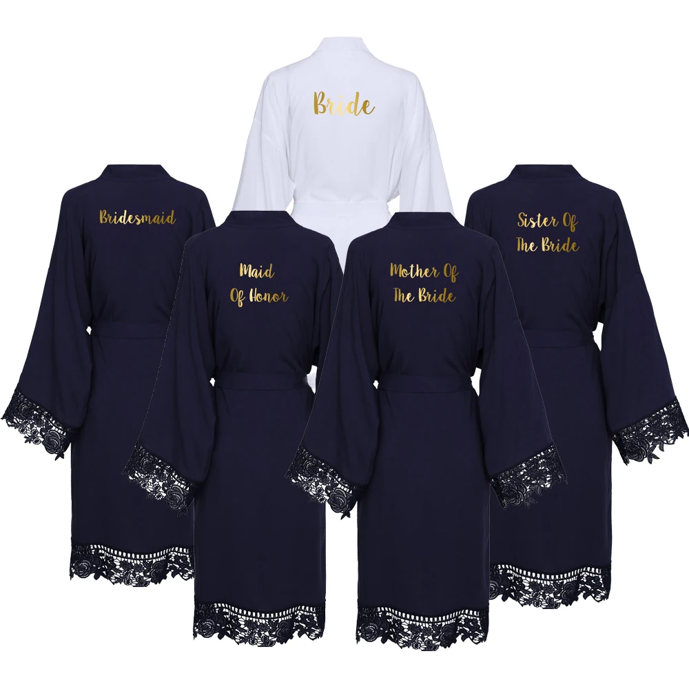 YUXINBRIDAL, новинка, темно-синее однотонное хлопковое кимоно, халаты с кружевной отделкой, женский свадебный халат для невесты, халат, одежда для сна, белое платье для подружки невесты