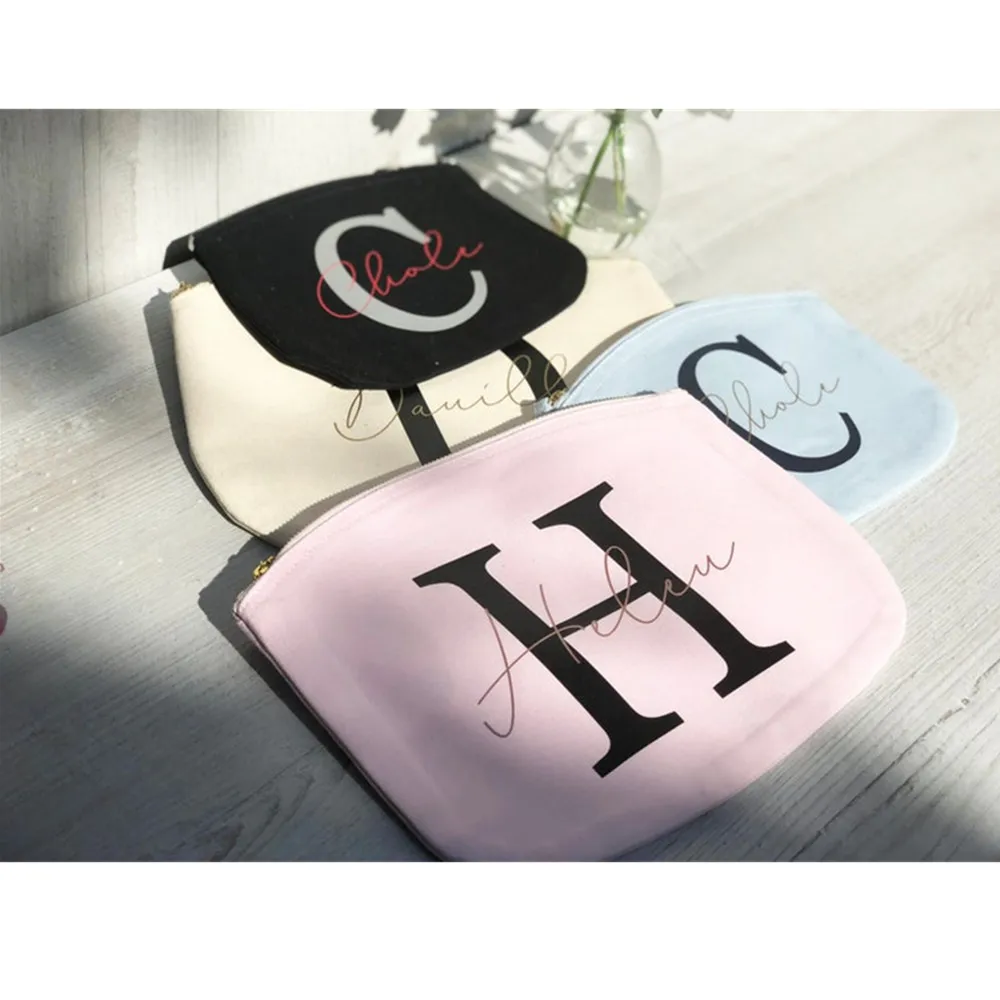 

Personalised Rose Gold Pink Make Up Bag bride canvas Cosmetic Birthday initial Gift Bridesmaid makeup Bags bachelorette pouch
