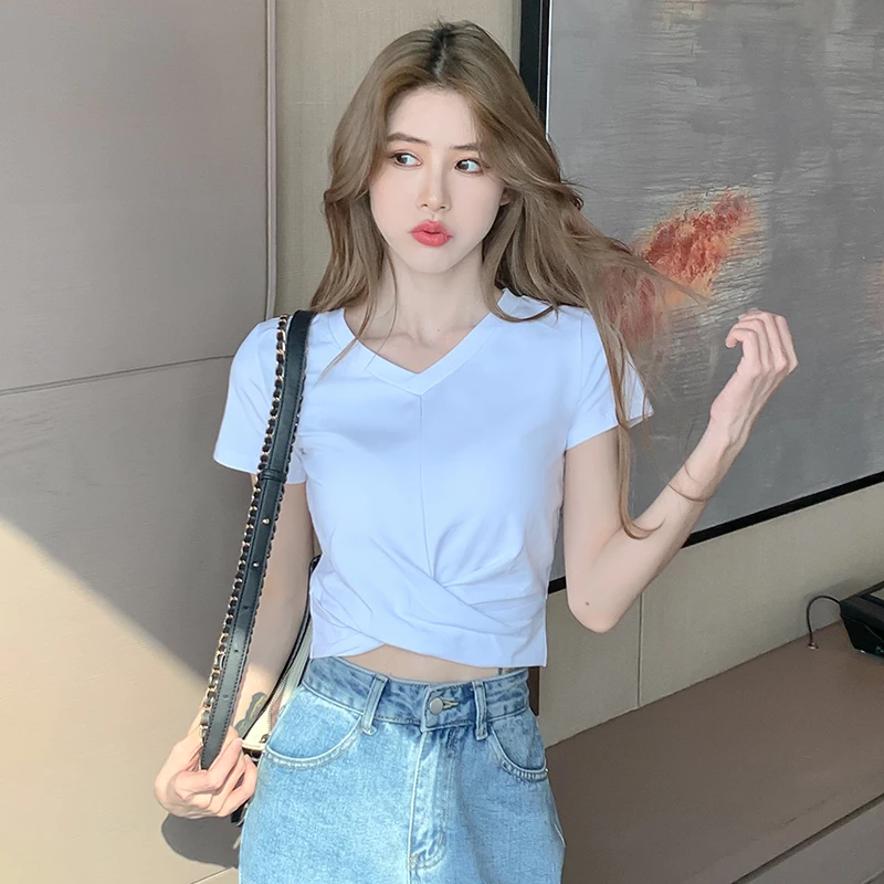 

White Short Top Women's Short Sleeve Ins Trendy Small Slim Half Sleeve Tight Bare Midriff High Waist Summer Fashionable T-shirt