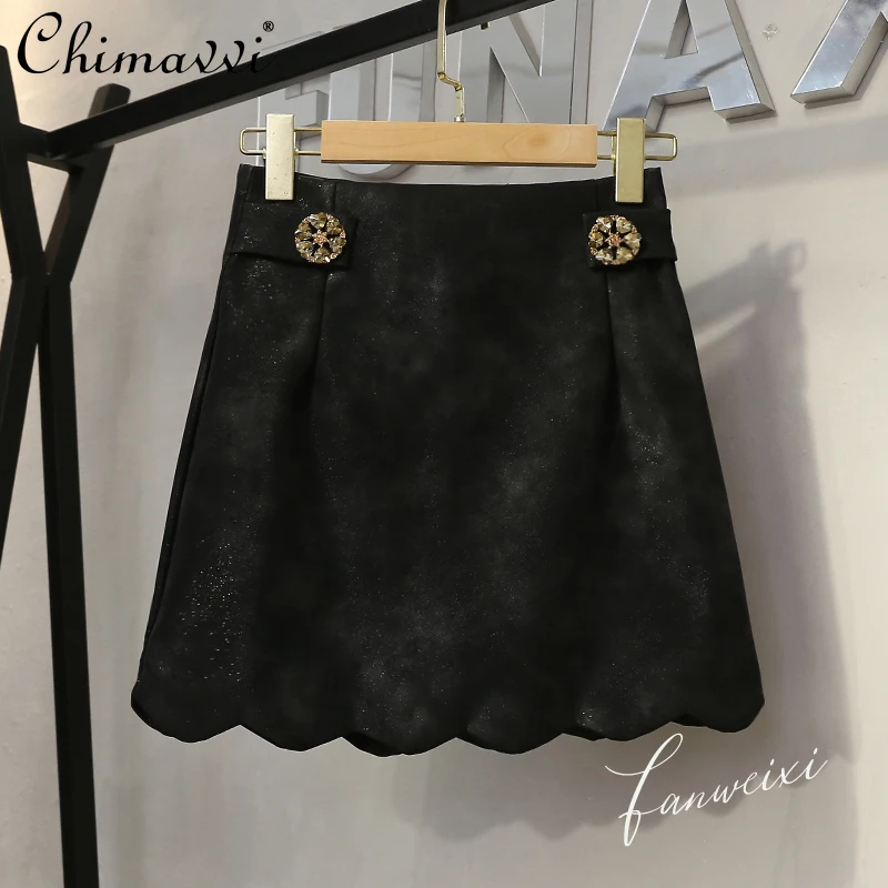 

2021 Autumn Korean Style Rhinestone Wave Skirt Women High Waist Slimming PU Leather Skirt Female Korean Black A Line Skirt