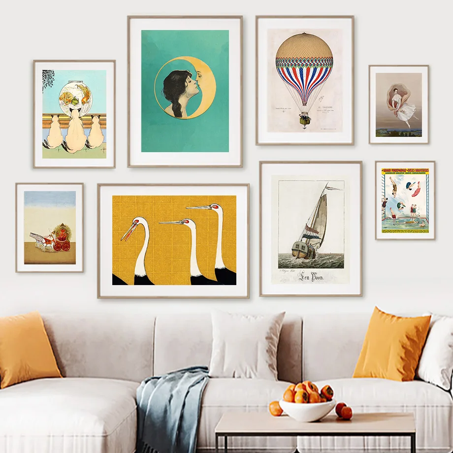 Девушка Луна бассейн корабль кошка карета кран Искусство Холст Картина