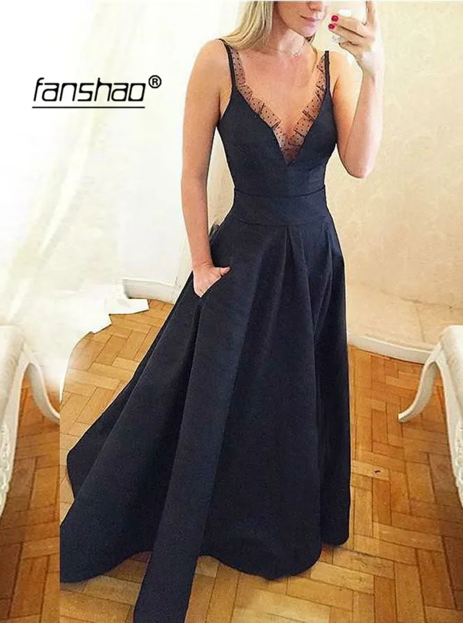 

Spaghetti Straps Prom Dresses Satin With Pocket Simple Prom Gown Plus Size Long Party Gown vestido fiesta