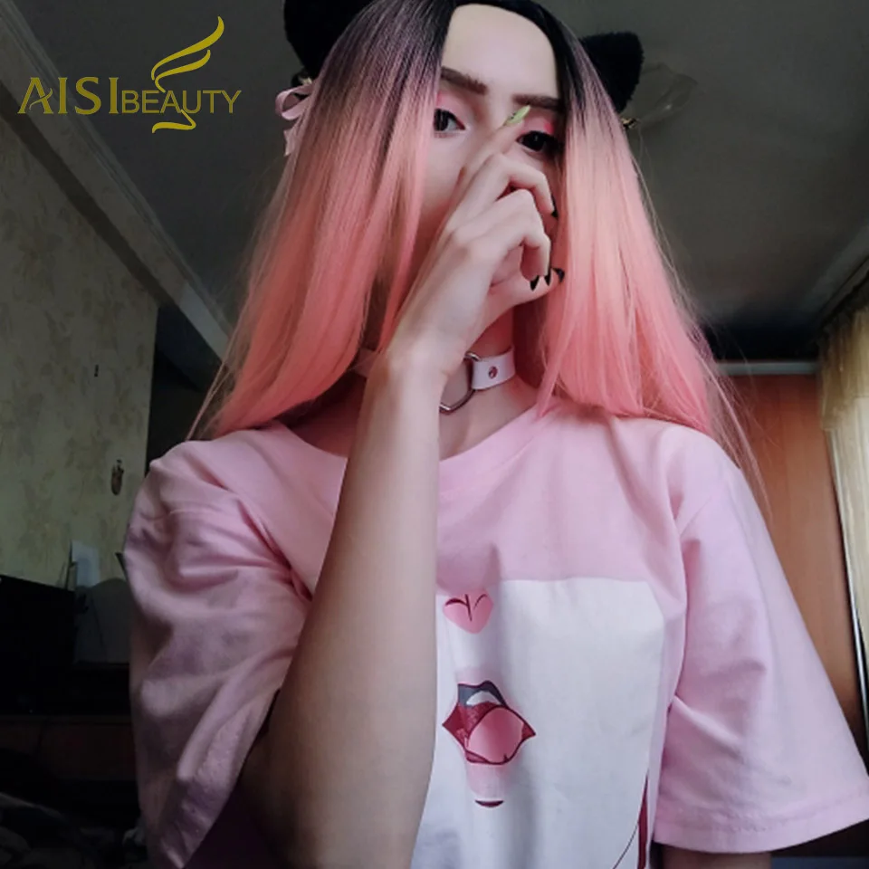 AISI BEAUTY длинный Омбре розовый парик синтетические парики для черных/белых женщин прямой красный блонд зеленый серый коричневый желтый Косплей
