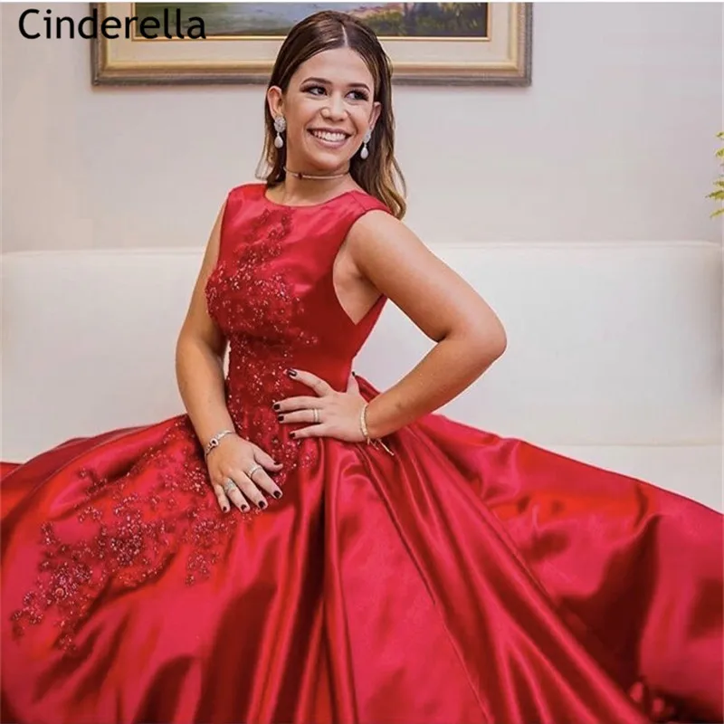 

Dark Red Scoop Sleeveless A-Line Satin Pleated Lace Applique Crystal Beaded Women Prom Dresses vestidos de fiesta de noche