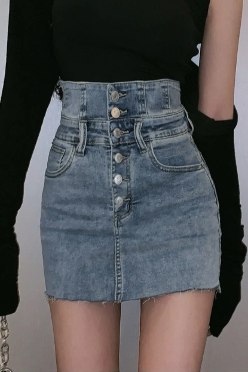 Женская джинсовая юбка тонкая с завышенной талией весна-осень 2021 |