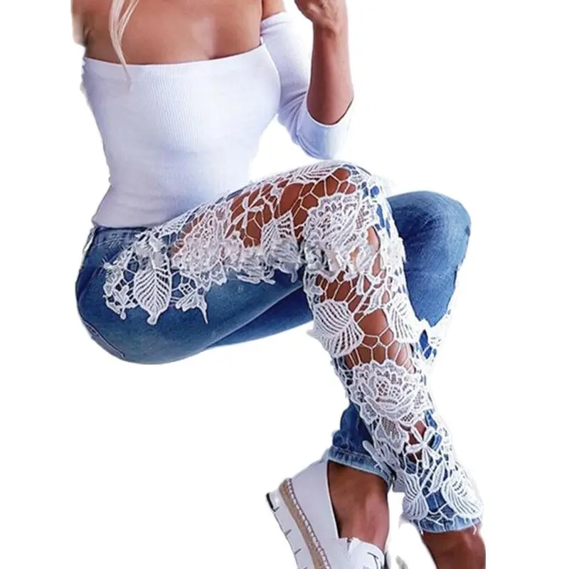 

Сексуальные кружевные женские джинсы синие Ажурные кружевные лоскутные уличные джинсовые брюки 2021 летние новые женские джинсовые брюки-карандаш для женщин