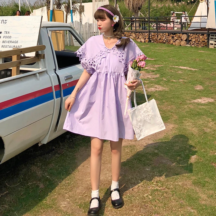 

Korean Summer Sweet Girly Dress Cute Hollow Out Sailor Collar Puff Short Sleeve Dresses Solid Color Elegant A-Line Doll Dress