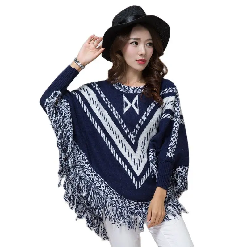 

Autumn Women Oversized Sweaters Plaid Streetwear Tassel Batwing Sleeve Midi Pullover Sweater Womens Capes And Ponchoes Knitwear