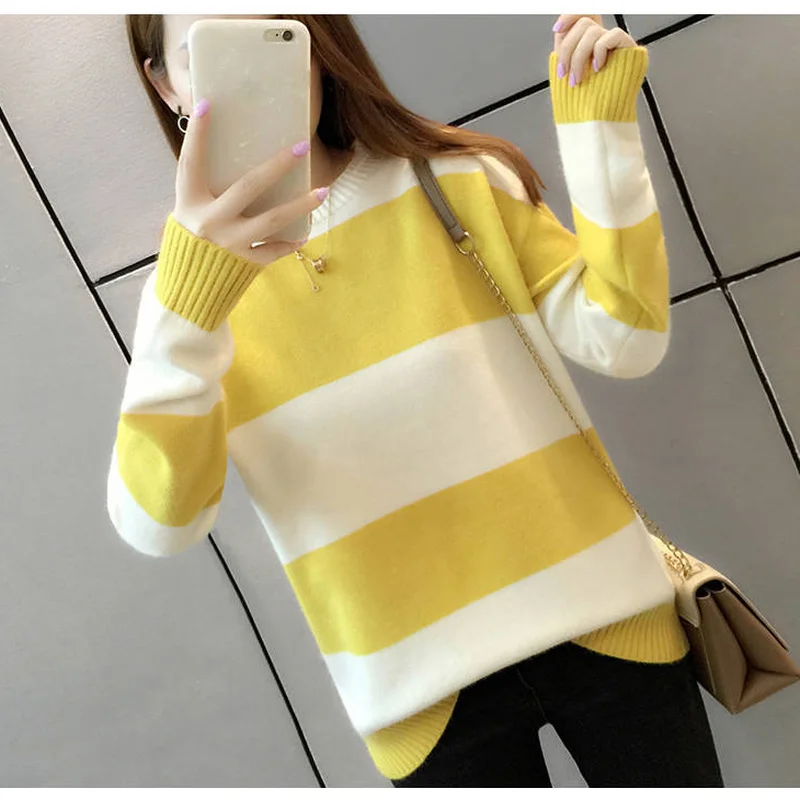 

Pullover Sweater Women's Autumn and Winter Wear Round Neck Long Sleeve Fashion Knit Striped Sweater Loose Top