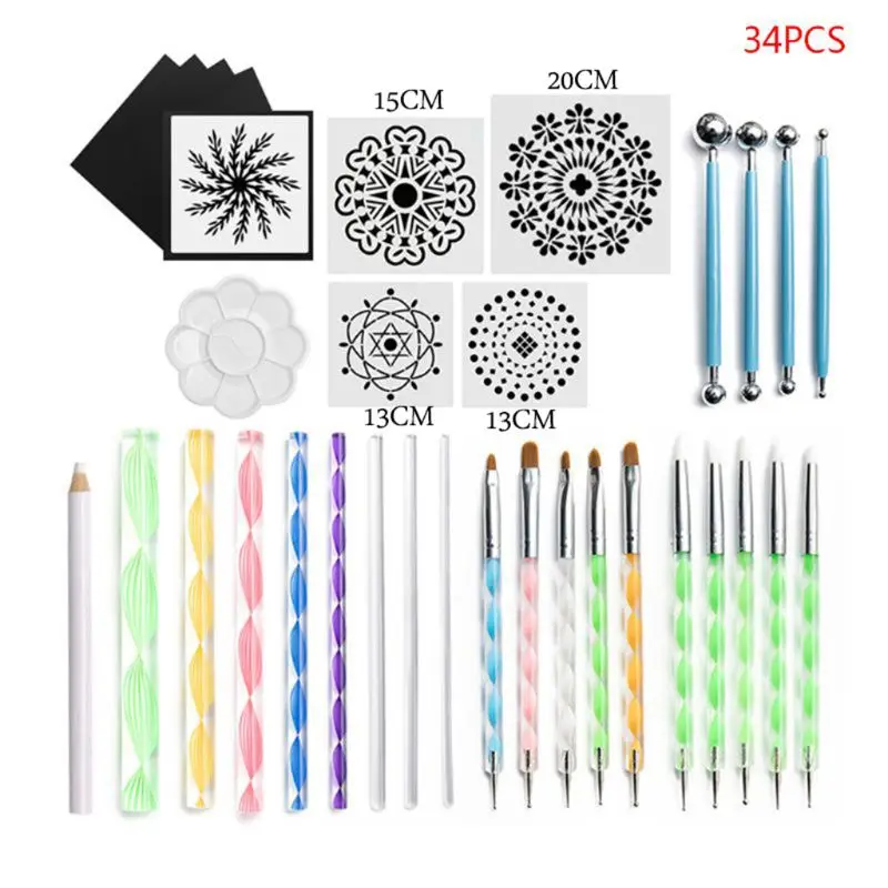 

H05B 34pcs Mandala Dotted Tools Set for Painting Rock Stone Multifunction Paint Stencil Point Brush Pen Handwork