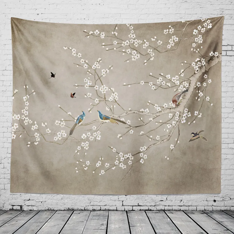 

Chinese Ink Painting Tapestry Chinese Flower-and-Bird Printing Background Beach Towel Hanging Picture Decorative Tablecloth