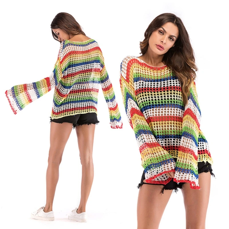 

Women Rainbow Stripe Flared Long Sleeves Knitted Sweater Round Neck Hollow out Crochet Loose Pullover Tunic Tops Jumper
