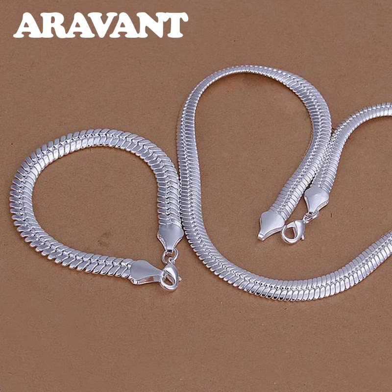 

925 Silver 10MM Flat Necklace Bracelets Chain Set For Men Women Fashion Wedding Jewelry