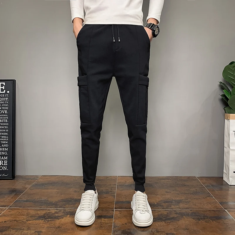 

Fashion 2021 Autumn New Men Joggers Harem Pants Casual Korean Slim Fit Simple Side Big Pockets Joggers Trousers Black 36-28 Sale
