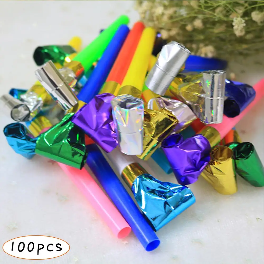 

100x MIXED MINI PARTY BLOWERS Horns Trumpet Sparkly Shiny Birthday Surprise