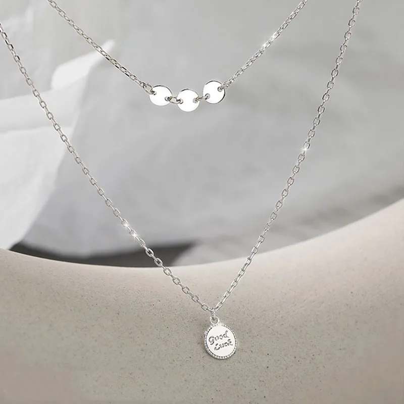 

925 Sterling Silver Double-layer Round Bead Pendant Necklace Simple Fashion Female Clavicle Chain dz295